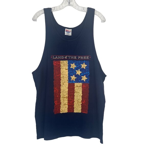 Tank Top Land of Freedom Mens Large Blue USA Flag Hanes Heavyweight Summer - Picture 1 of 9